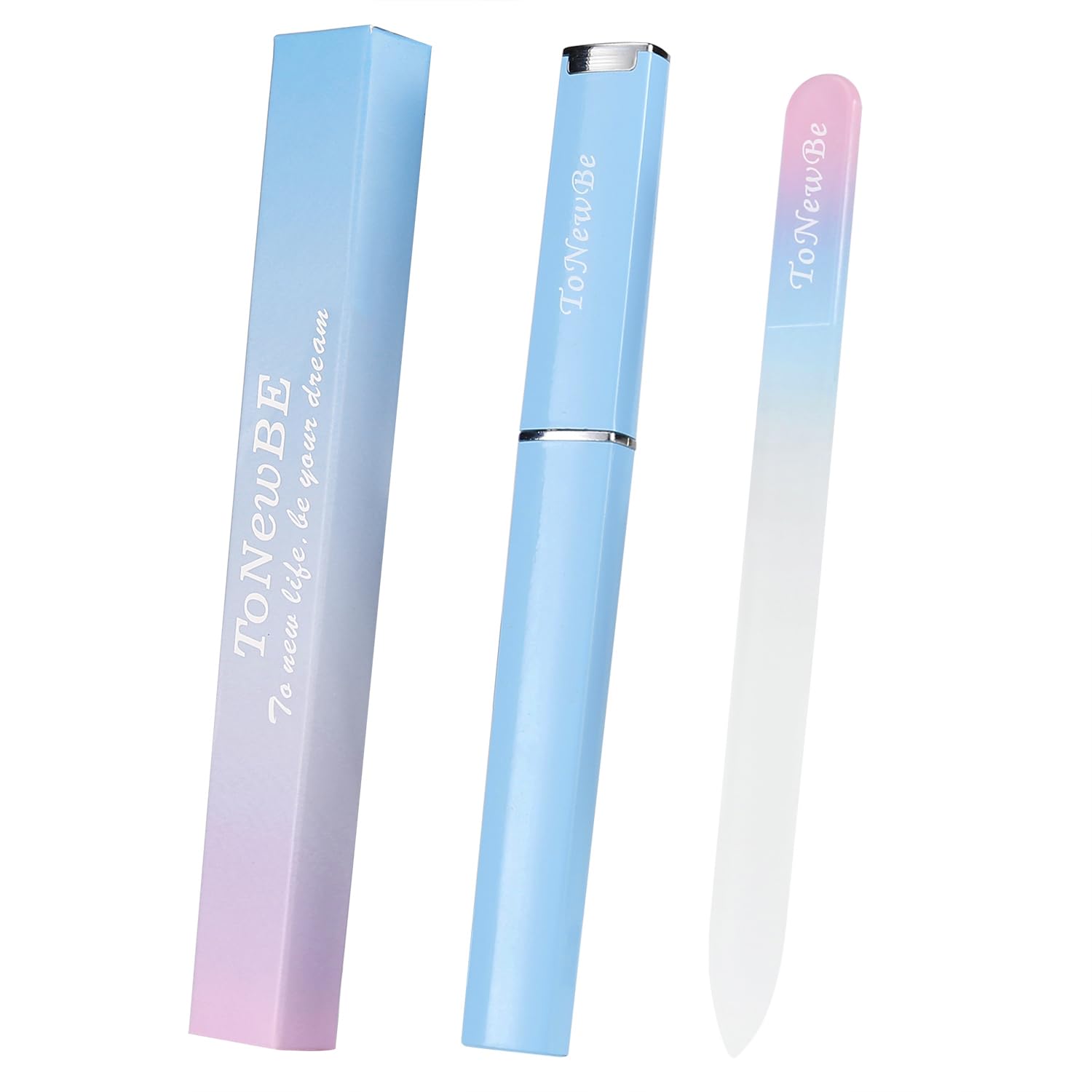 Glass Nail File in Case, Crystal Nail File, Glass Fingernail File, Czech Glass File, Double-Sided Etched Glass Nail File for Nail Art & Nail Care, Christmas Gifts Stocking Stuffers (Pink-Blue)